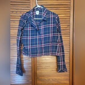 Vans Navy and Red Plaid Flannel Crop Shirt Womans Size Large